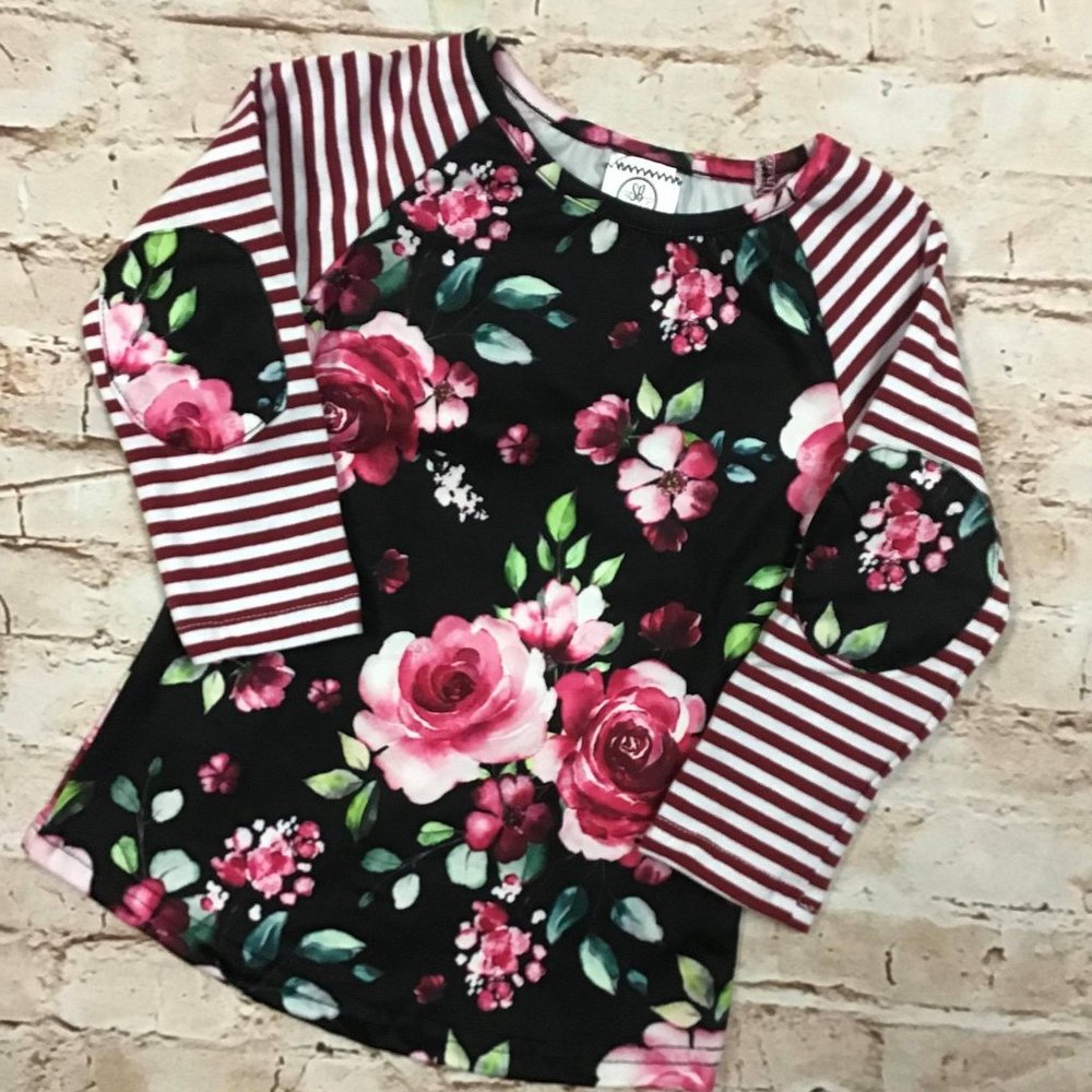 NEW Girl's Maroon Floral Striped Raglan Shirt